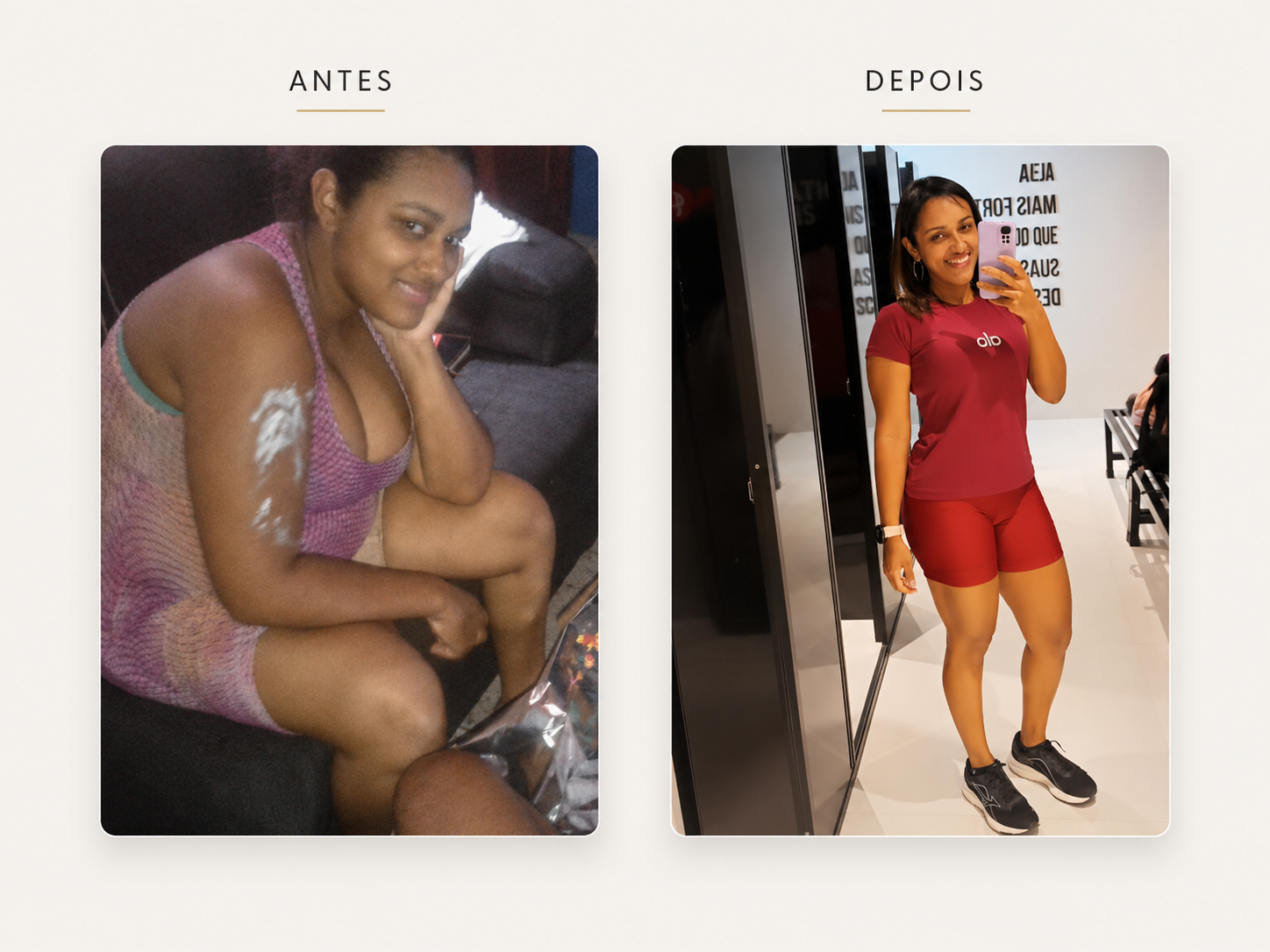 Transformação antes e depois de aluna após acompanhamento personalizado