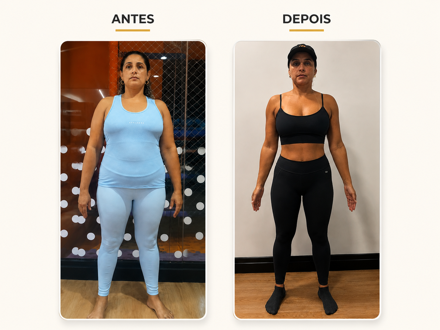 Transformação antes e depois de aluna acompanhada por Pierre Soares