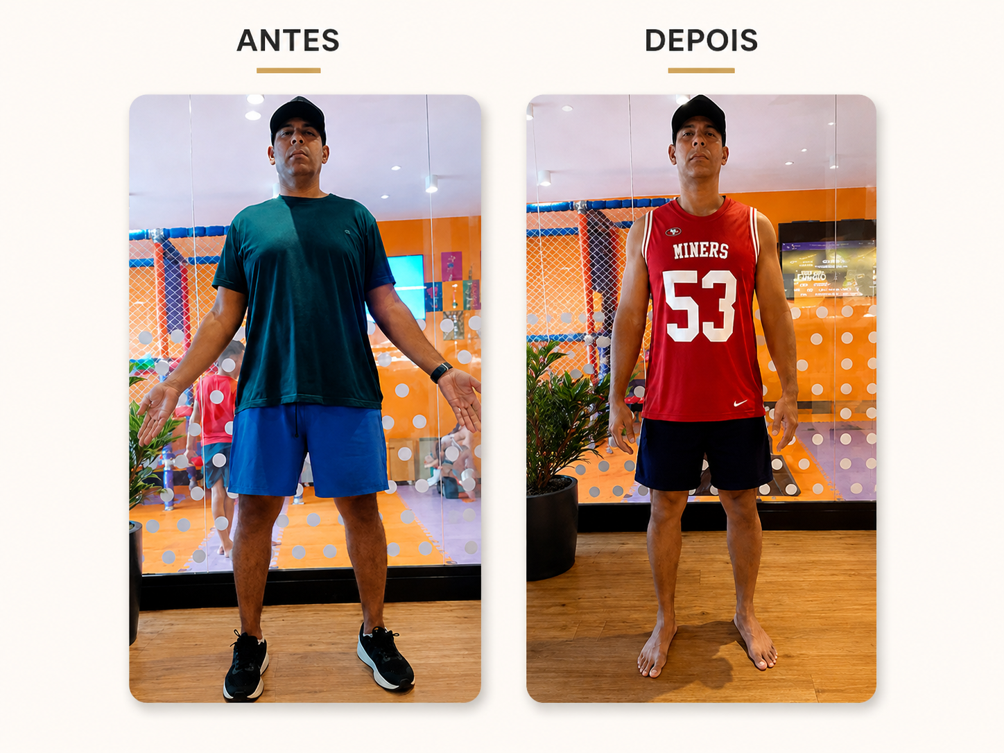Transformação antes e depois de aluno acompanhado por Pierre Soares